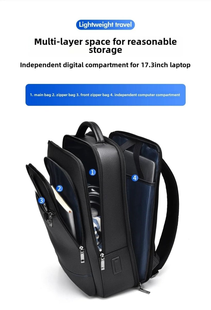 Men's Leather Laptop Backpack – USB Charging Port, 15.6-Inch Sleeve & PU Leather
