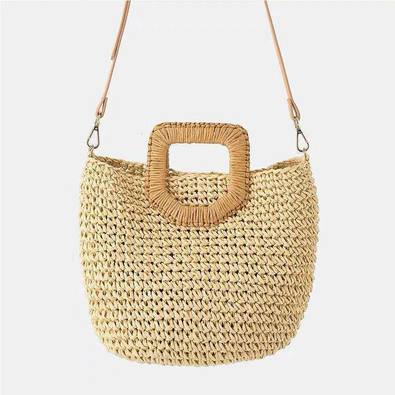 Woven Straw Beach Bag – Wooden Handle, Leather Strap & Spacious