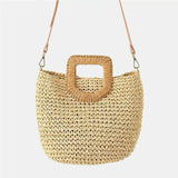 Woven Straw Beach Bag – Wooden Handle, Leather Strap & Spacious