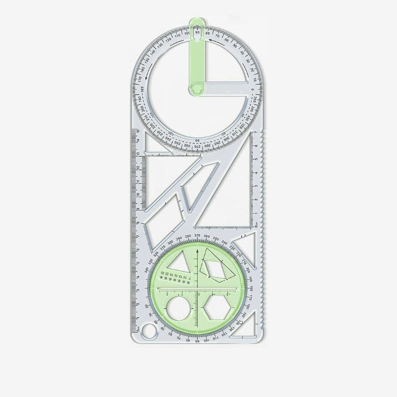 Geometry Ruler with Protractor – Transparent PP, Rotating Angle & Shape Stencils