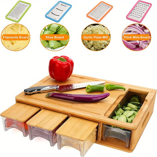 Bamboo Cutting Board – Storage Trays, Interchangeable Blades & Juice Groove Design