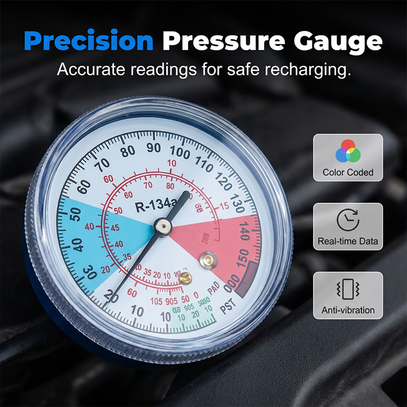 AC Charging Hose with Pressure Gauge – R134A/R12/R22, 0–350 psi, Quick-Connect