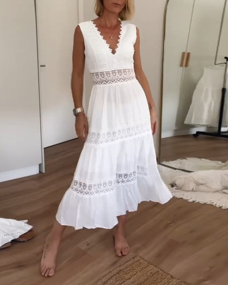 White Lace Midi Dress with V-Neck - Celina