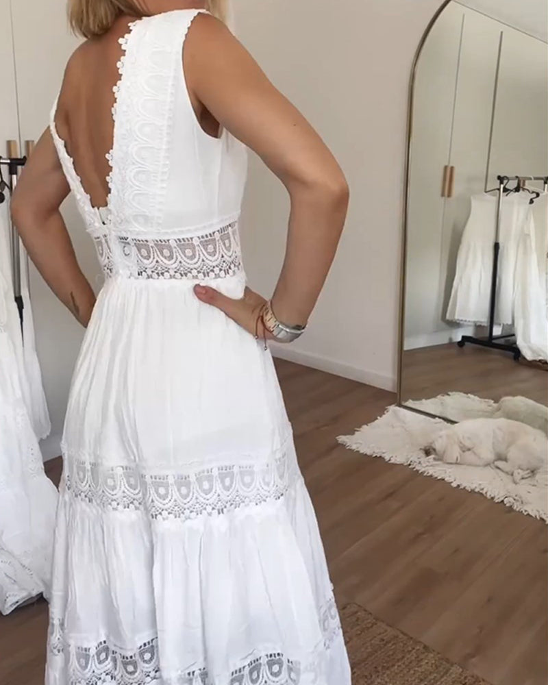 White Lace Midi Dress with V-Neck - Celina