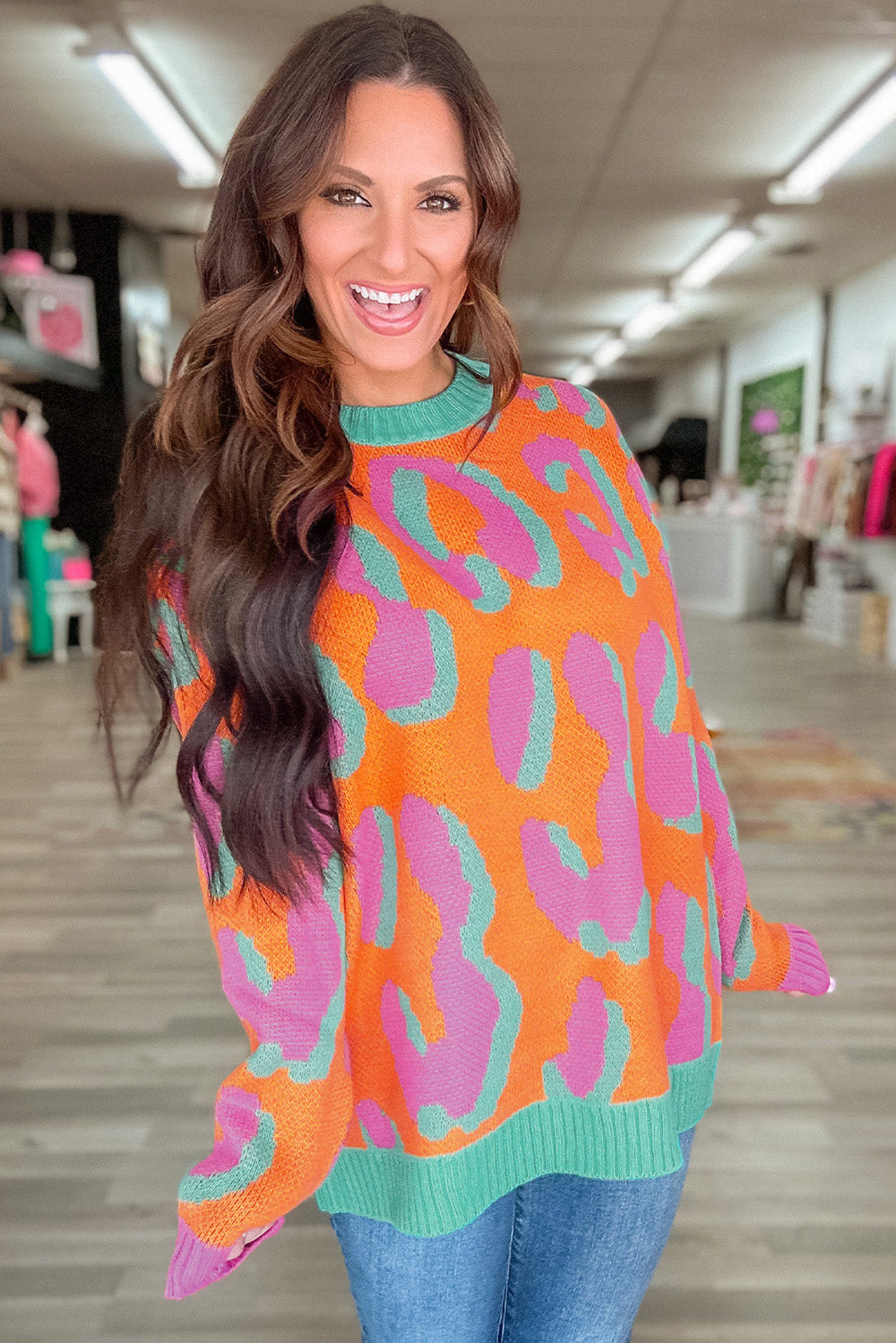 Ladies' Sweater With Color Block Leopard Print And Round Neck - Liora - 8