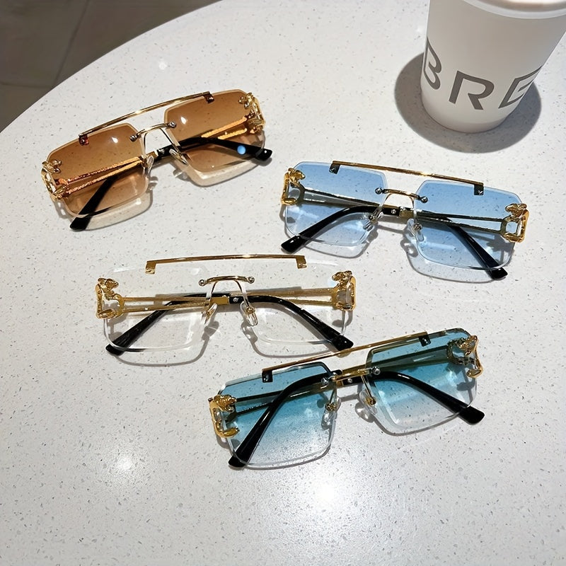 Men's Rimless Sunglasses – UV400 Protection, Tiger Temple Design & Anti-Glare Lenses