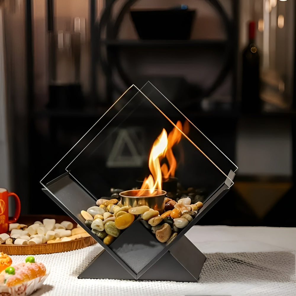 Bioethanol Tabletop Fireplace – Mirrored Panels, Decorative Stones & Steel Base
