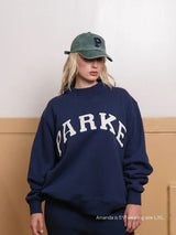 Navy Varsity Mockneck Sweater with White Lettering - Stylish & Comfortable Casual Wear