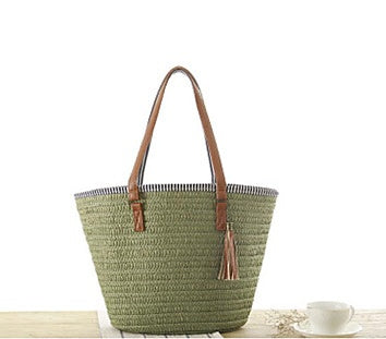 Women's Woven Beach Bag – Leather Handles, Tassel Accents & Spacious Interior