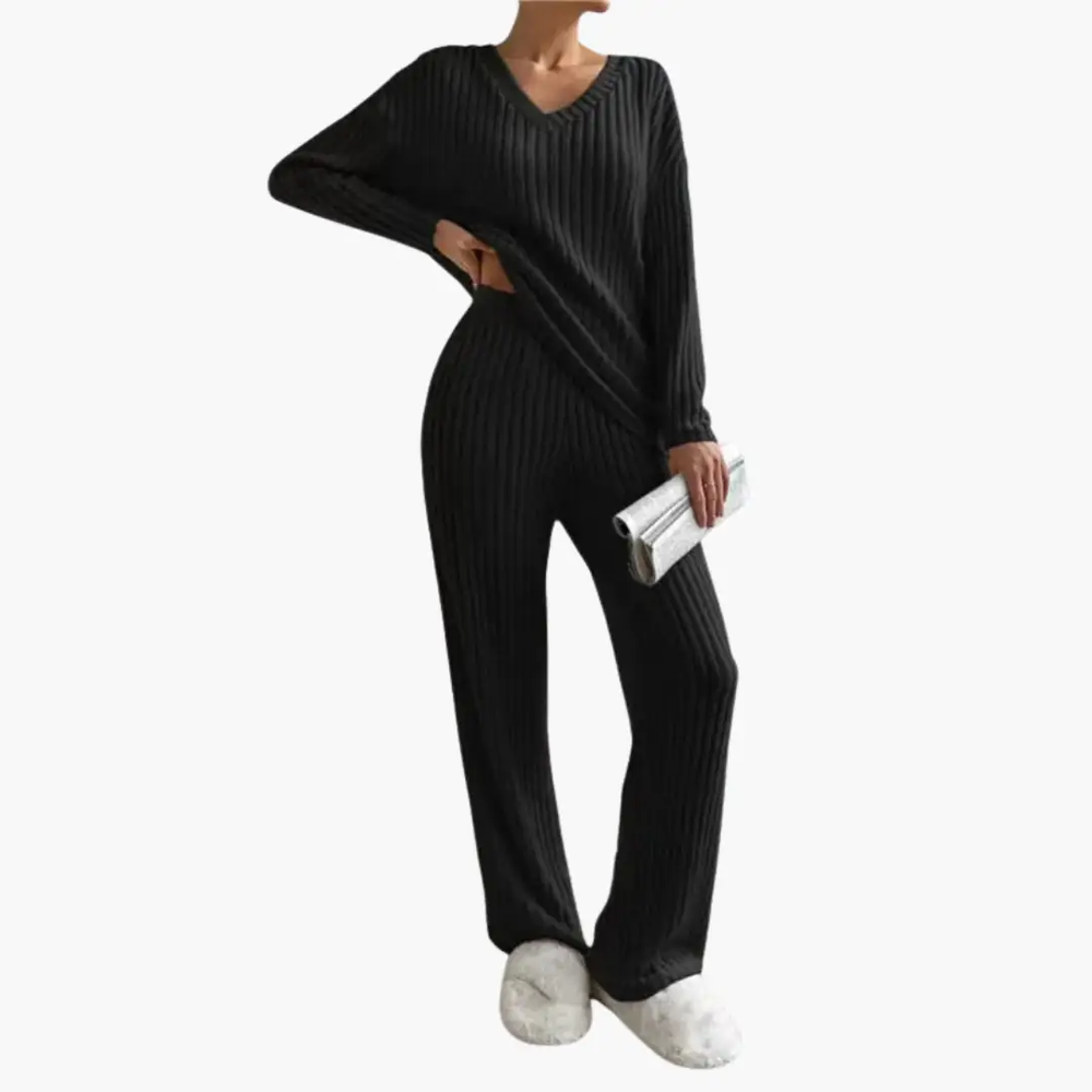 Women's Lounge Set – V-Neck, Ribbed Texture & Two-Piece
