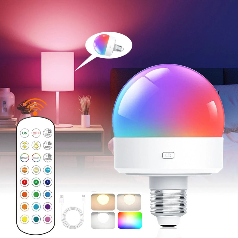 Optimized Product Title: **Wiederaufladbare RGB-LED-Lampe E27 mit Fernbedienung – Kabelloses Design für flexible Beleuchtung**