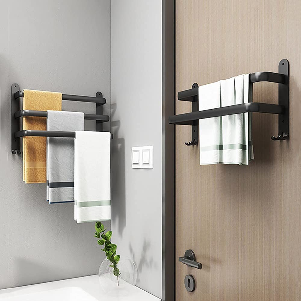 Wall-Mounted Towel Rack – No-Drill Aluminum, Matte Black & 2 or 3 Bars in 40/60cm