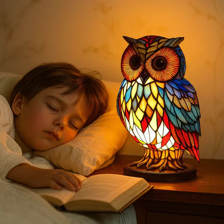 Stained Glass Owl Table Lamp – Handmade, Warm LED & Living Room Decor
