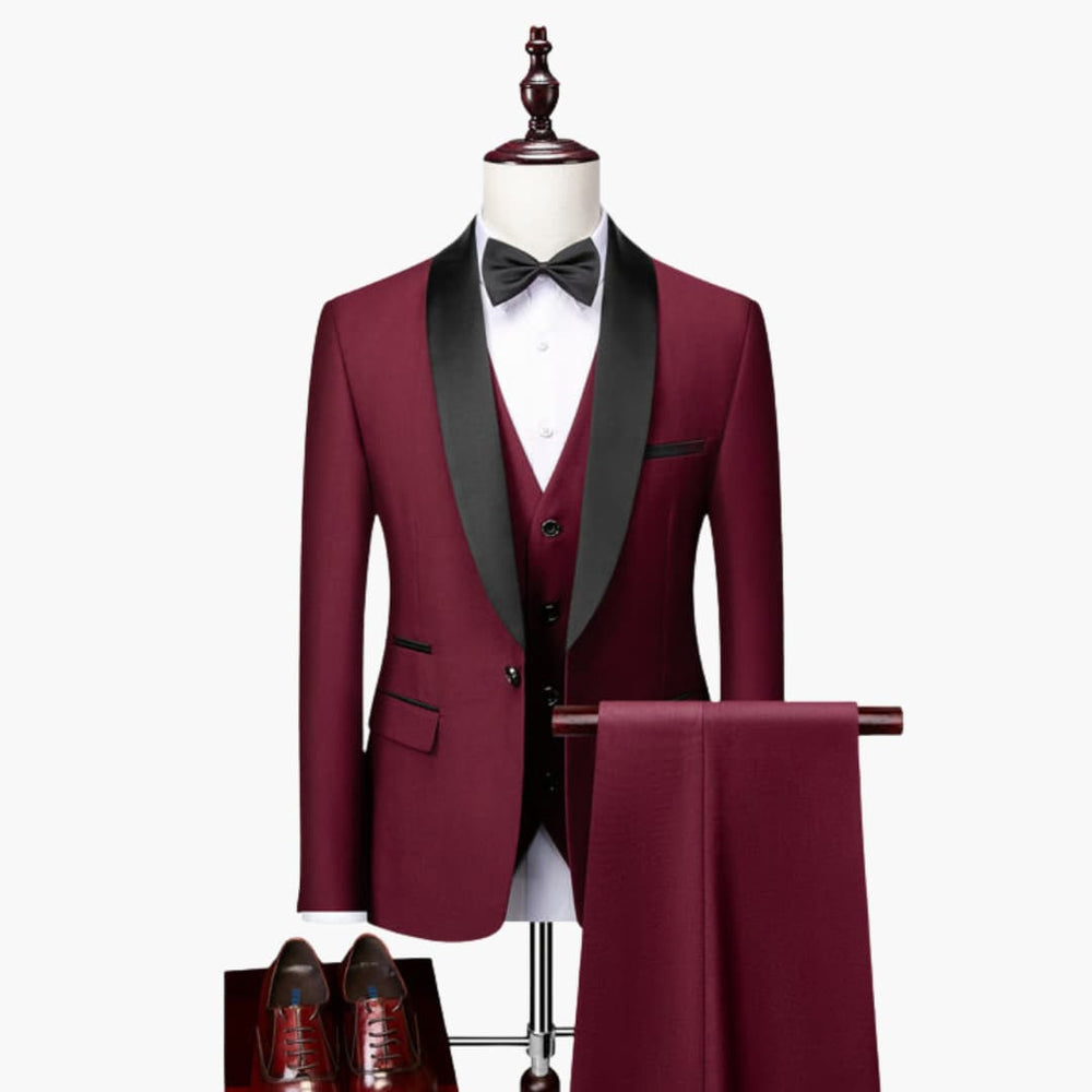 Men's Three-Piece Formal Suit – Red Accents, Shawl Collar & Slim Fit