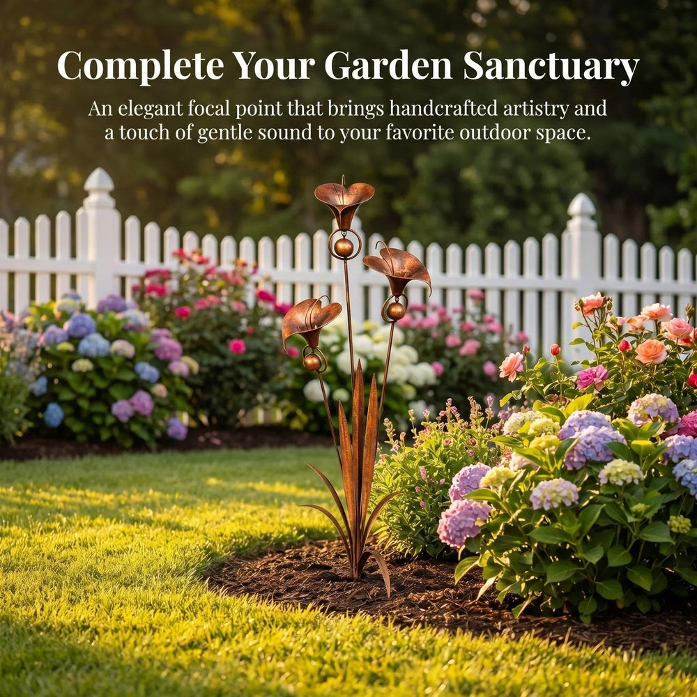 Copper Calla Lily Garden Stake – 61cm, Wind Chime Bells & Weatherproof Iron