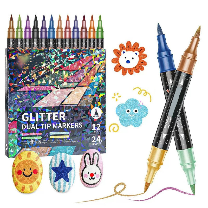 Dual-Tip Glitter Marker Pens – Brush & Fine Tip, Non-Toxic Water-Based Ink