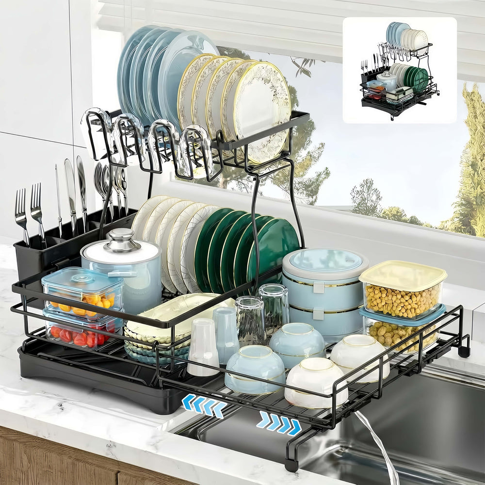 2-Tier Dish Drying Rack – Expandable, Drip Tray & Cutlery Holder