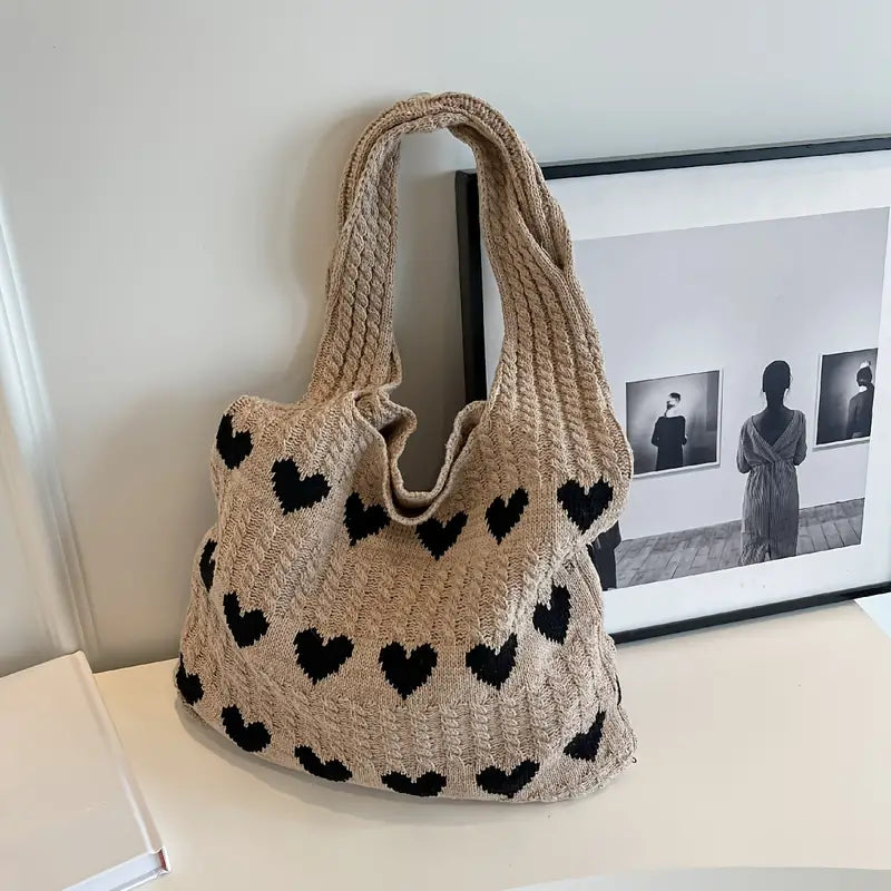 Knitted Shopping Tote Bag – Heart Pattern, Foldable & Lightweight