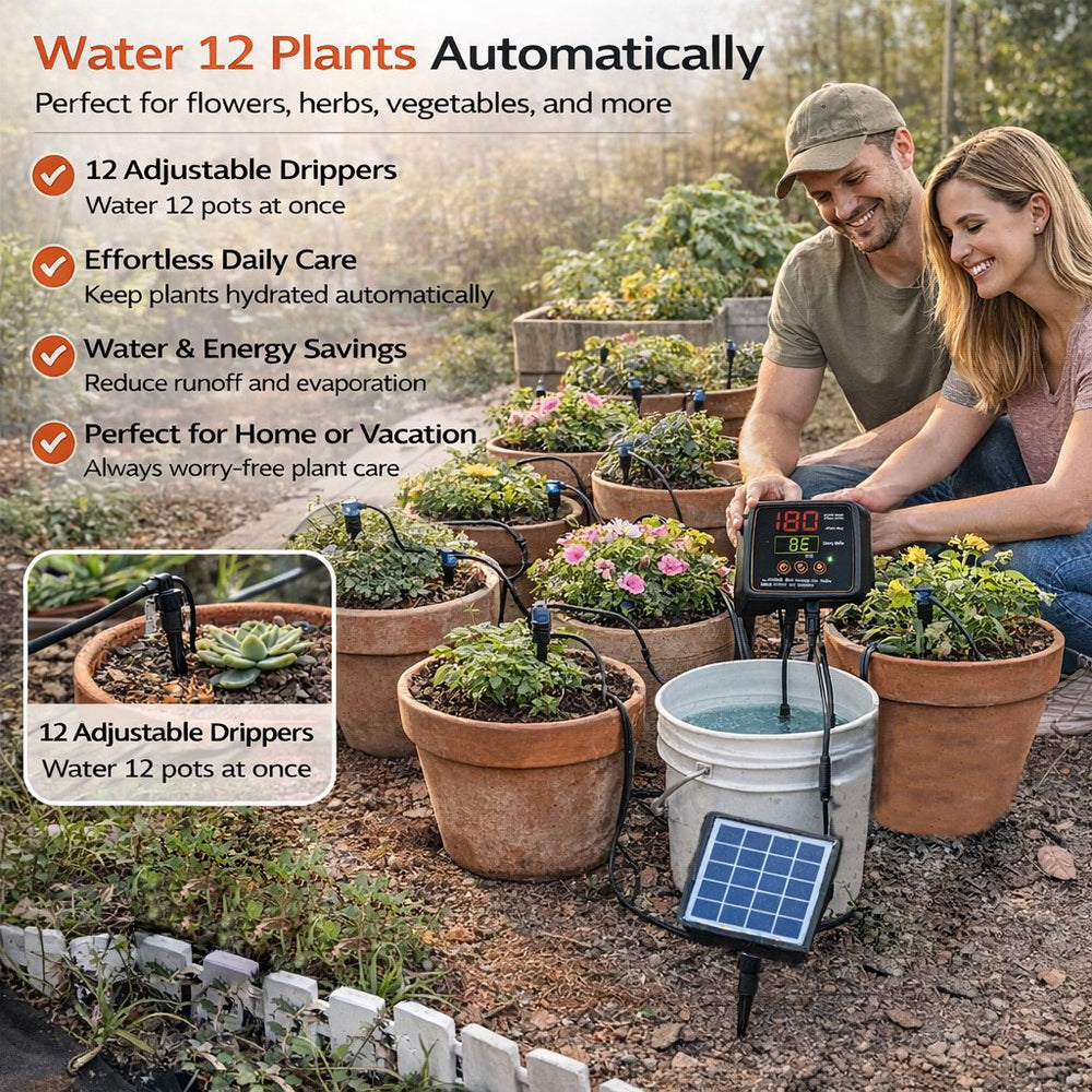 Solar Drip Irrigation System – 12 Plants, Digital Timer & USB Battery Backup