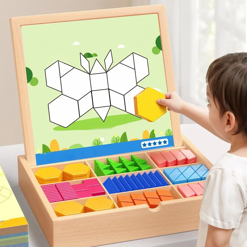 Magnetic Wooden Building Blocks with Pattern Cards - Creative STEM Toy for Kids