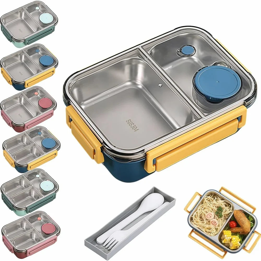 Stainless Steel Bento Lunch Box – 850ml, 3 Compartments & Cutlery Set
