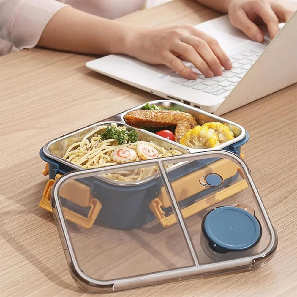 Stainless Steel Bento Lunch Box – 850ml, 3 Compartments & Cutlery Set