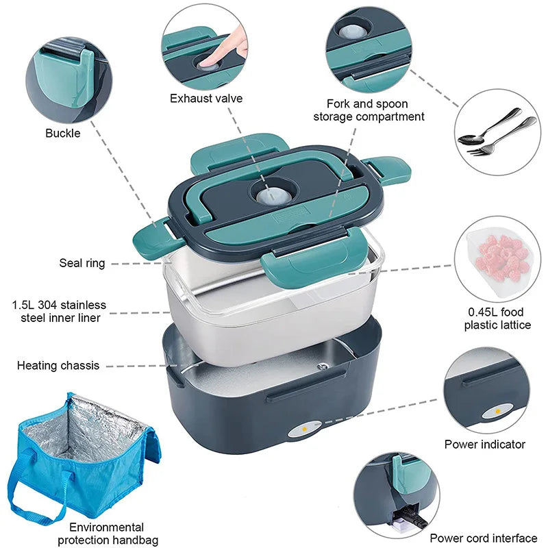 Electric Heated Lunch Box – Stainless Steel, 12V/24V Car & 220V Home