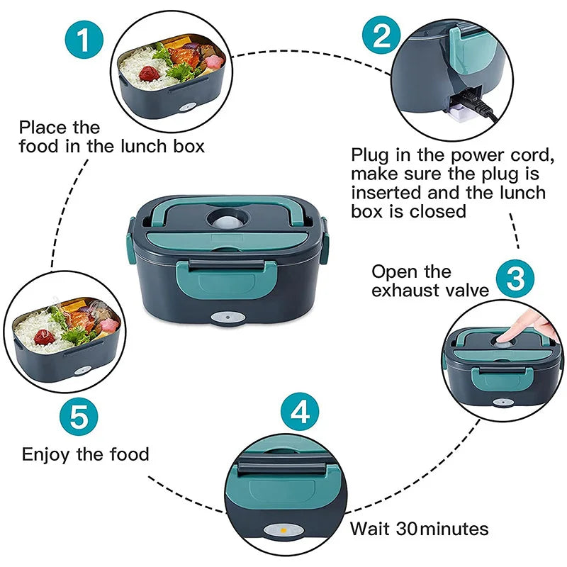 Electric Heated Lunch Box – Stainless Steel, 12V/24V Car & 220V Home