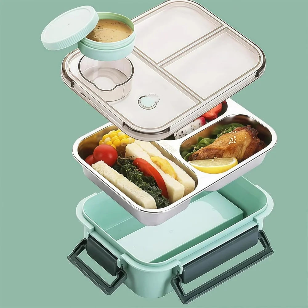 Stainless Steel Bento Lunch Box – 850ml, 3 Compartments & Cutlery Set