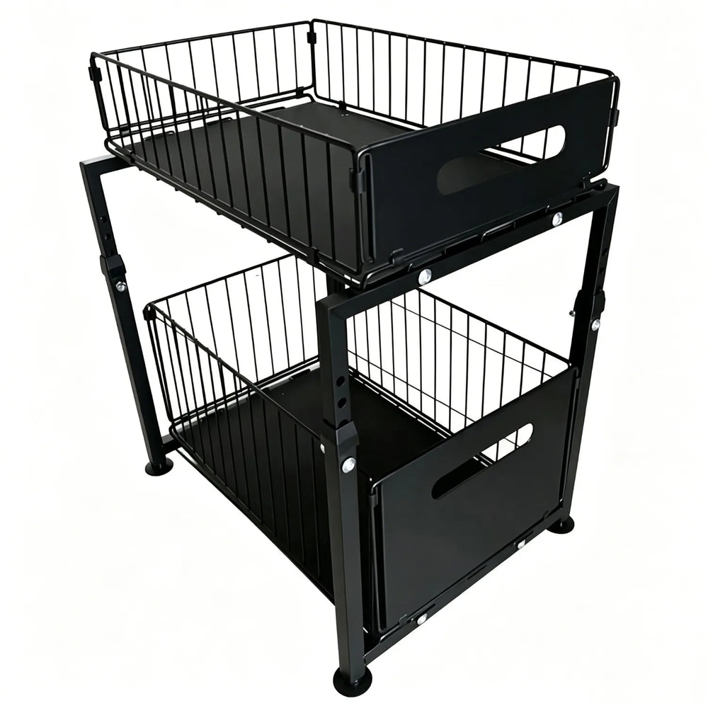 2-Tier Pull-Out Cabinet Organizer – Steel Frame, Height-Adjustable & Sliding Baskets