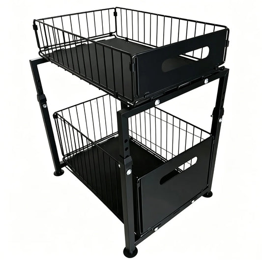 2-Tier Pull-Out Cabinet Organizer – Steel Frame, Height-Adjustable & Sliding Baskets