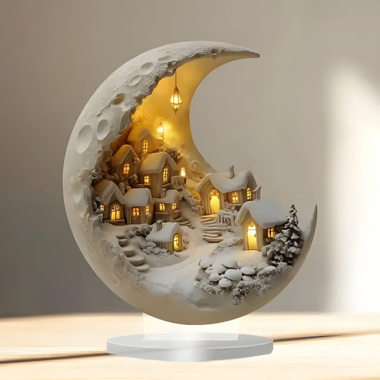 Acrylic Moon Light – Village Scene Design, Tabletop Accent & LED Home Decor