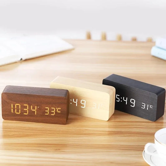 Digital LED Alarm Clock – Wood Finish, Desk Design & Temperature Display
