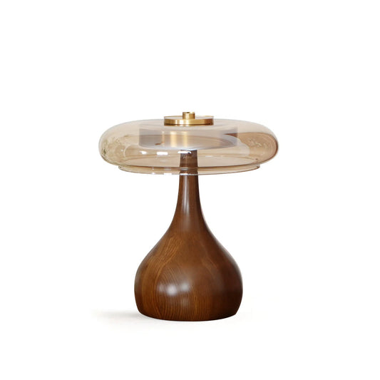 Table Lamp – Brass &amp; Wood Design, Glass Shade &amp; Adjustable LED Colour Temperature