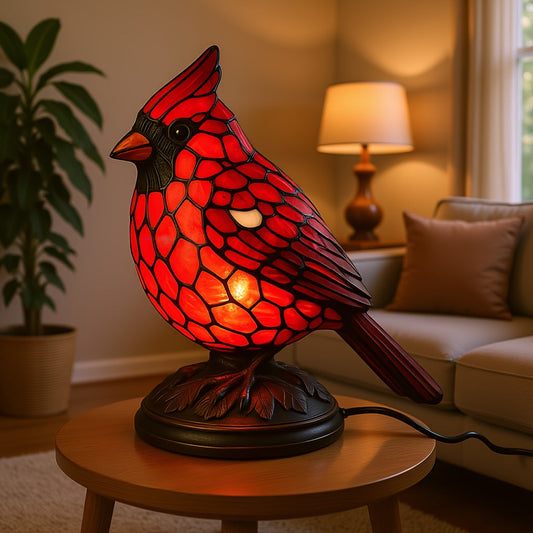 Cardinal Bird Table Lamp – Red Art Glass, USB Powered & Accent Lighting