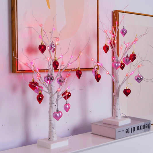 LED Birch Tree Table Lamp – Heart Ornaments, USB Powered & Valentine Decor