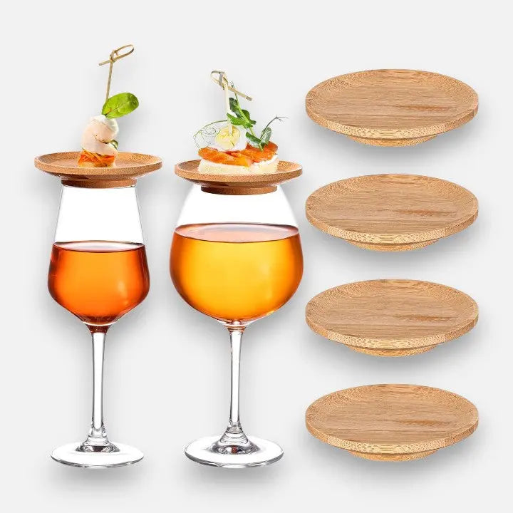 Set of 4 Bamboo Wine Glass Toppers - Eco-Friendly Drink Accessories