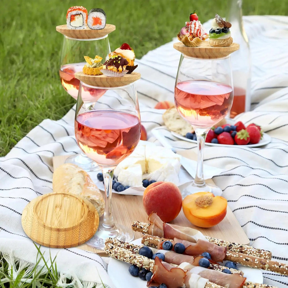 Set of 4 Bamboo Wine Glass Toppers - Eco-Friendly Drink Accessories