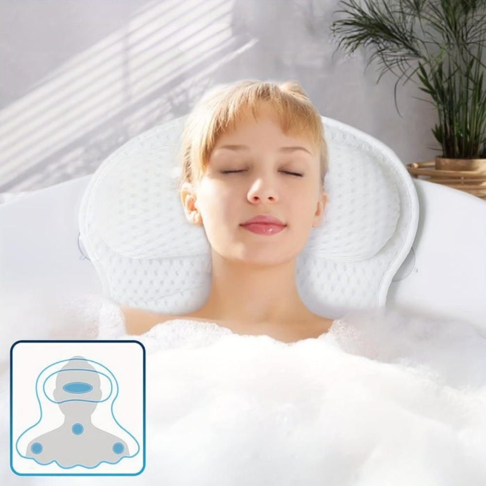 Ergonomic Bath Pillow – Neck Support, 6 Suction Cups & Breathable Mesh