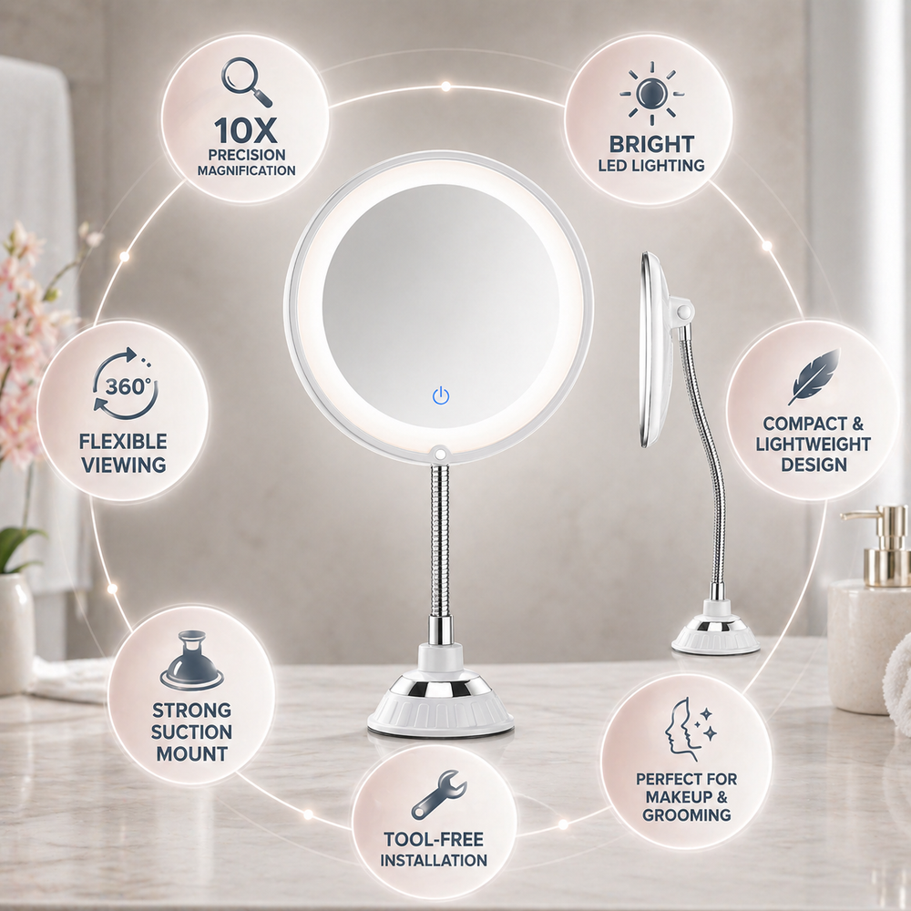 Bathroom Mirror – LED Lighted, Magnifying & Flexible Arm