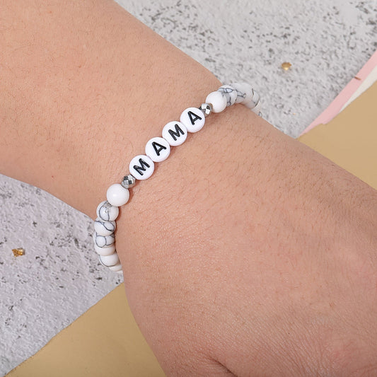 Beaded Bracelet – Name Letter Charm, Stretch Fit & Mother's Day Gift