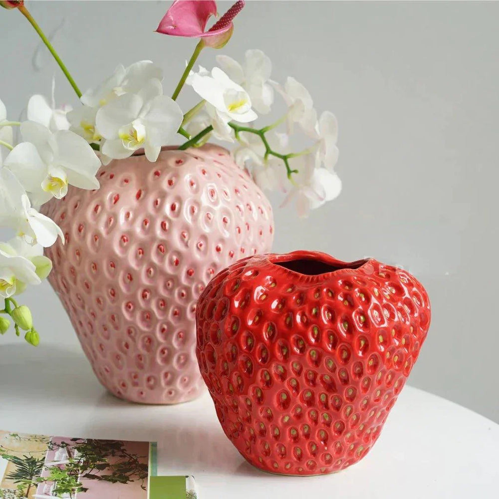 Strawberry Ceramic Vase – Glazed Finish, 3 Sizes & Pink/Red