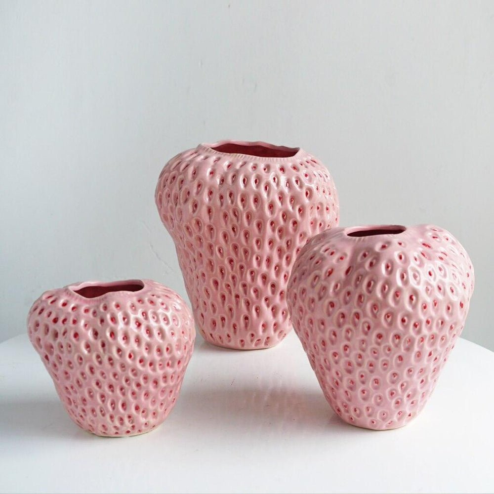 Strawberry Ceramic Vase – Glazed Finish, 3 Sizes & Pink/Red