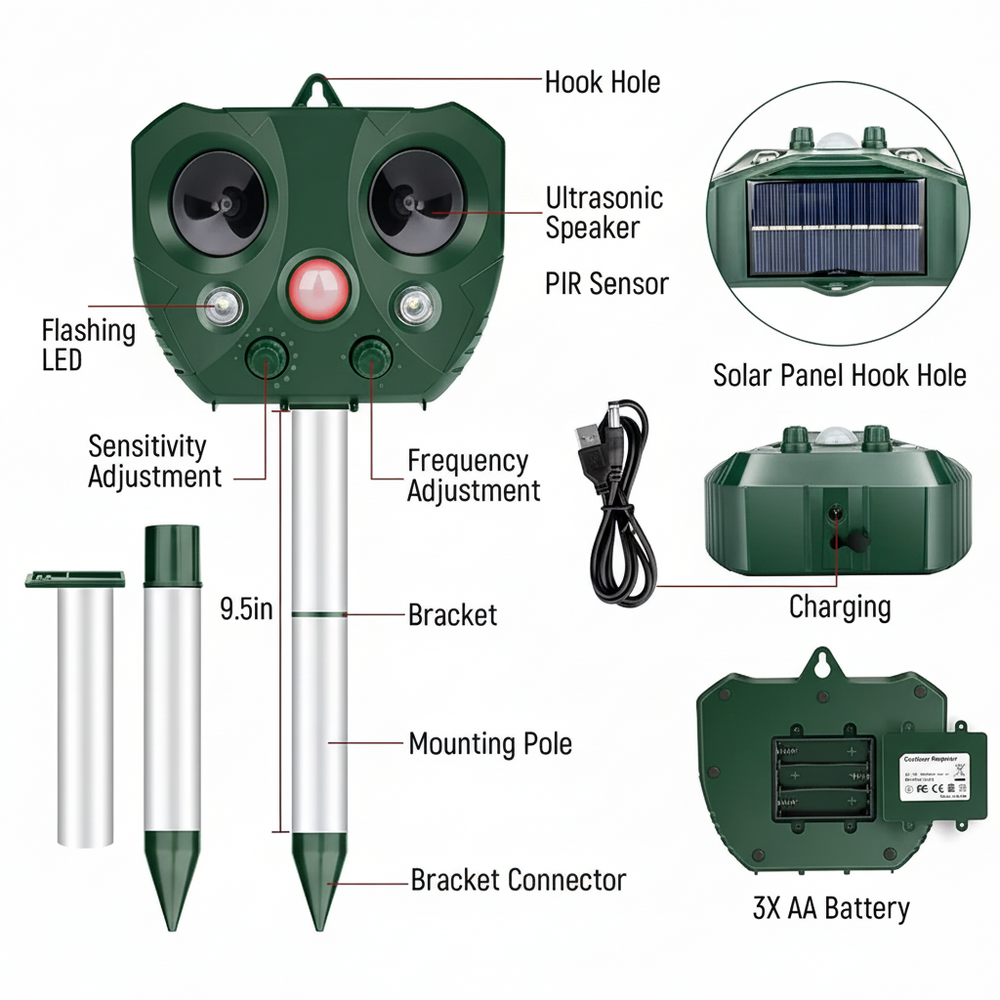 Solar Ultrasonic Bird Repeller Outdoor Garden Yard Pest Control