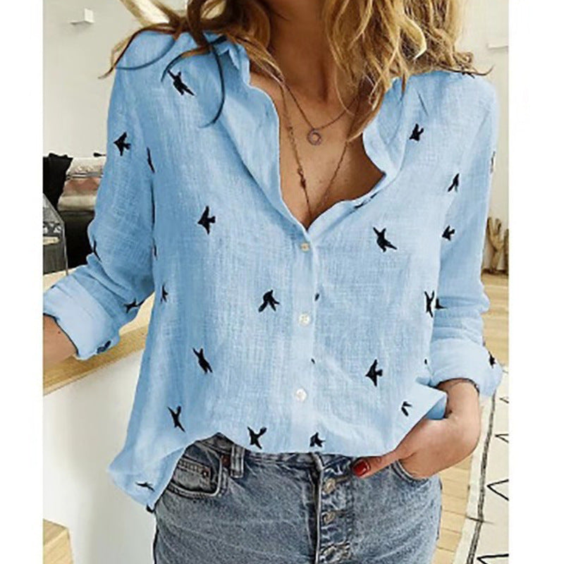 Chloë Casual Blouse - Blue with Birds