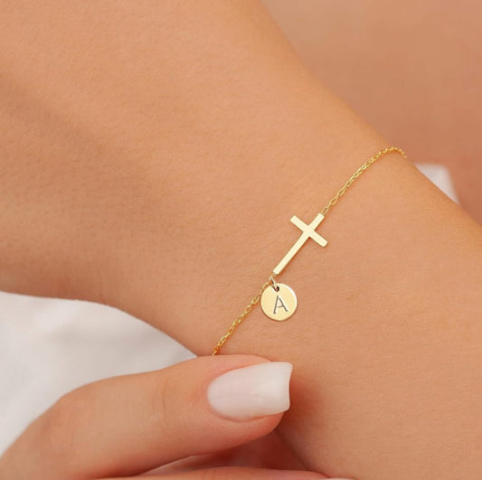 Cross Initial Bracelet – Adjustable Chain, Women's Jewelry & Mother's Day Gift