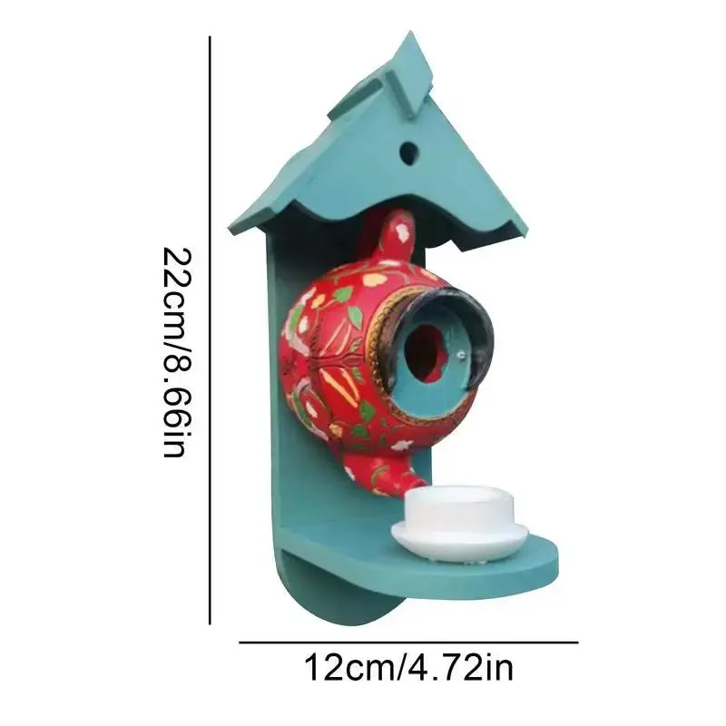 Hand-Painted Teapot Birdhouse – Weatherproof Resin, 22×15×25cm & Hanging Garden Decor
