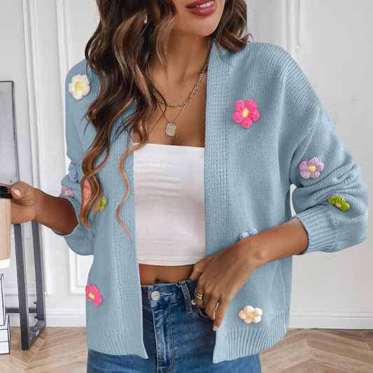 Knitted Women's Cardigan with 3D Flowers - Maribel