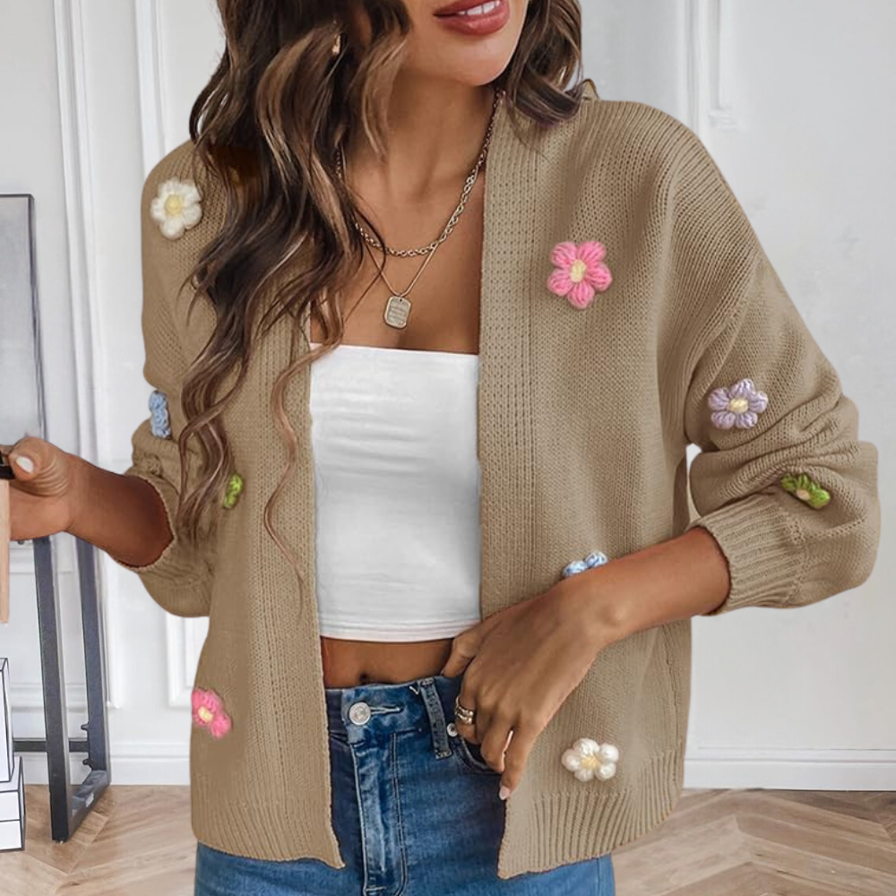 Knitted Women's Cardigan with 3D Flowers - Maribel