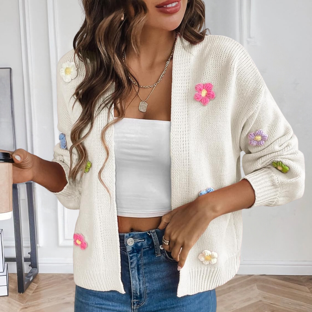 Knitted Women's Cardigan with 3D Flowers - Maribel